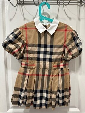 Burberry Tan Check Puff-Sleeve Dress with White Collar